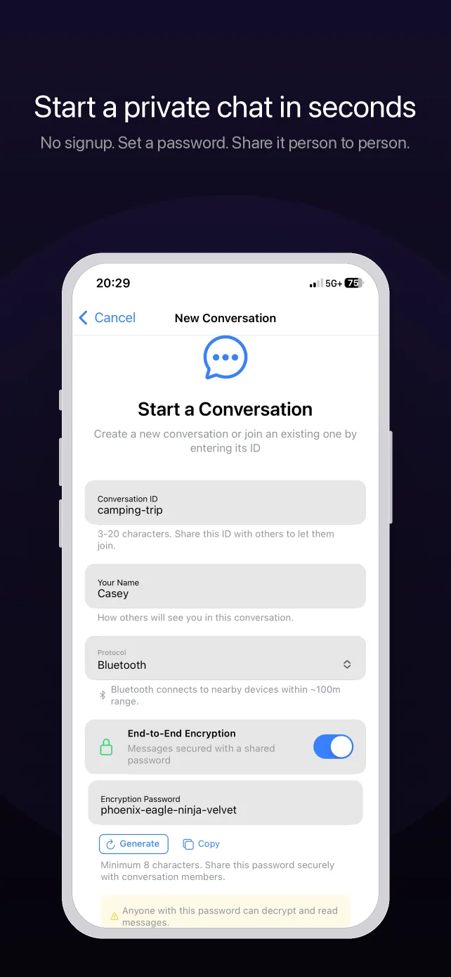 New conversation form with end-to-end encryption password